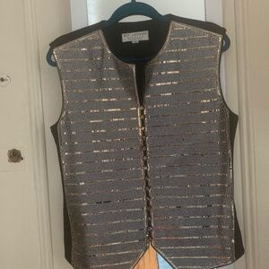 ST JOHN EVENING BLACK KNIT VEST EMBELLISHED with SILVER AND GOLD SIZE 14 XL